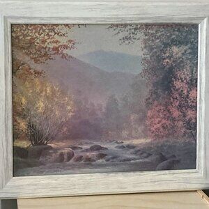 Vintage Mid-Century Oleograph Painting Mountain Scene with River 24x20 in